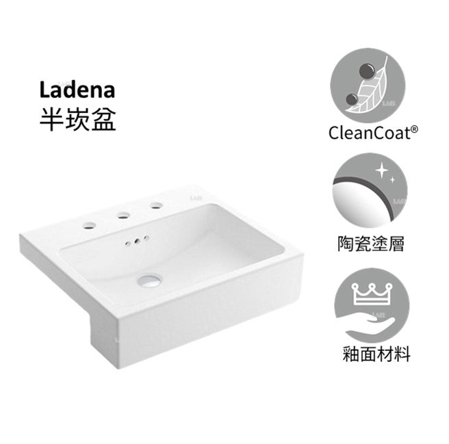 Ladena半崁盆 | K-72907K-8-0(三孔龍頭孔) | 時尚優質生活，”方便、舒適、美觀“是KOHLER 的主導設計思想。KOHLER 的陶瓷臉盆表面有獨特的涂層，質量精良不易留下斑點，刮痕或焦痕，令臉盆持久光潔；獨特的加深設計可以起到防止水花飛濺的作用，給您的使用帶來便利；創新的款式從傳統到現代，能配合不同的設計主題與要求，與其他產品完美搭配。 Ladena®以底部弧度和簡潔大氣的線條喚起休閒優雅感，其經典風格與多功能性令Ladena®成為誘人的選擇，亦能協調搭配傳統和現代的浴室 釉面陶瓷  單龍頭孔 有溢水口 商品尺寸：545 x 465 mm | 台南衛浴 設計師推薦-龍百KOHLER