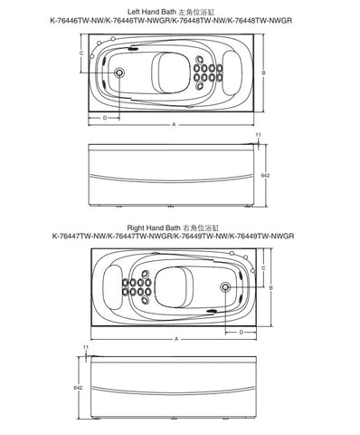 Karess 170cm 崁入式按摩浴缸 | K-76448TW-NW-0(左角位) | 創新水流，模擬頸部、背部、腰部、腿部、足部的按摩體驗 帶有警報的電子排水控制會自動防止溢出 扁平排水蓋表面光滑，可在浴缸中安全站立和移動 直覺的圖標提供直接存取和輕鬆控制。水溫顯示、觸控，讓您享受安全愉悅的體驗 只需輕輕一按即可徹底沖洗和沖洗管道。清除污垢，防止細菌生長並保持按摩浴缸衛生 符合人體工學的設計，達到最佳放鬆姿勢  徹底管道清潔：一鍵式自動清潔 · 全管道徹底水洗 適中的尺寸可滿足大多數浴室的需求 具功能性的簡約設計 尺寸：長1703毫米，高642毫米，寬803毫米 產品型號：K-76448TW-NW-0(左角位) 本商品可另購扶手、龍頭：K-1148886-CP、K-72292T-4-CP｜台南衛浴設計師推薦-龍百KOHLER