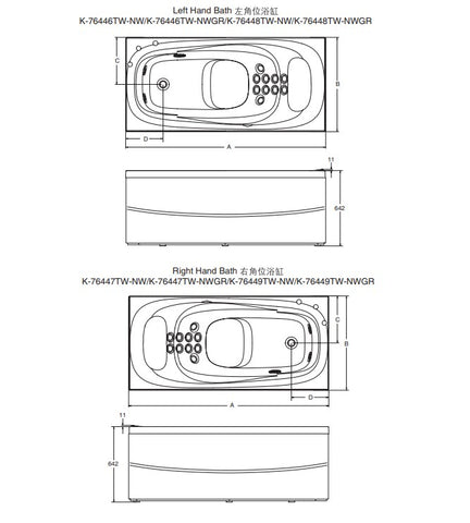 Karess 170cm 崁入式按摩浴缸 | K-76449TW-NW-0(右角位) | 創新水流，模擬頸部、背部、腰部、腿部、足部的按摩體驗 帶有警報的電子排水控制會自動防止溢出 扁平排水蓋表面光滑，可在浴缸中安全站立和移動 直覺的圖標提供直接存取和輕鬆控制。水溫顯示、觸控，讓您享受安全愉悅的體驗 只需輕輕一按即可徹底沖洗和沖洗管道。清除污垢，防止細菌生長並保持按摩浴缸衛生 符合人體工學的設計，達到最佳放鬆姿勢  徹底管道清潔：一鍵式自動清潔 · 全管道徹底水洗 適中的尺寸可滿足大多數浴室的需求 具功能性的簡約設計 尺寸：長1703毫米，高642毫米，寬803毫米 產品型號：K-76449TW-NW-0(右角位) 本商品可另購扶手、龍頭：K-1148886-CP、K-72292T-4-CP｜台南衛浴設計師推薦-龍百KOHLER