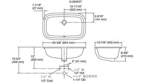 Melius 55cm長方形獨立盆(含龍頭孔) |  K-36399T-0| 安裝說明 | 更流暢內壁，不再藏污納垢 單孔前置溢水，放心更易清潔 榮膺iF設計獎，展現品牌實力 可自由选择龙头孔及无龙头孔款 550(L)×370(W)×214(D)mm｜台南衛浴 設計師推薦-龍百KOHLER