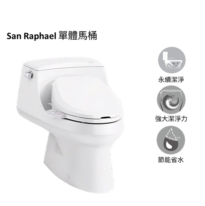 San Raphael 單體馬桶 | K-3722X-0 |這款 San Raphael 馬桶將低調一體式馬桶的優雅現代風格帶入您的浴室或盥洗室，並提供商業級沖水功能。 San Raphael 經典風格，五星級飯店首選 一體式裙邊設計，優雅又活力 4.8L Class Five™ 沖水系統，超強沖水，節水，單步沖水 法弧坐圈馬桶蓋，坐感更舒適 加長型馬桶，相容C3馬桶蓋系列 易清潔：一體式馬桶成為無縫且易於清潔的設計。 管距：305mm  尺寸：734x520x620mm  沖水量：4.8公升 沖水方式：虹吸功能 | 台南衛浴 設計師推薦-龍百KOHLER