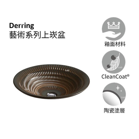 Derring藝術系列上崁盆 | K-17890-RL-RB2 | 靈感來自陶器工作室，Derring系列展現手工陶瓷美和大師技藝。用獨特的珍稀金紅石釉製成，手工雕刻的紋理突出了釉面微妙的色調變化，每個藝術面盆都是獨一無二的作品。這款面盆以中性色調為特色，可以安裝於檯面上方成為您浴室的中心，也可以和諧結合於您任何風格的浴室 無龍頭孔，需要壁掛式或台上式水龍頭 釉面陶瓷 無溢水孔 尺寸:449X449mm| 台南衛浴 設計師推薦-龍百KOHLER