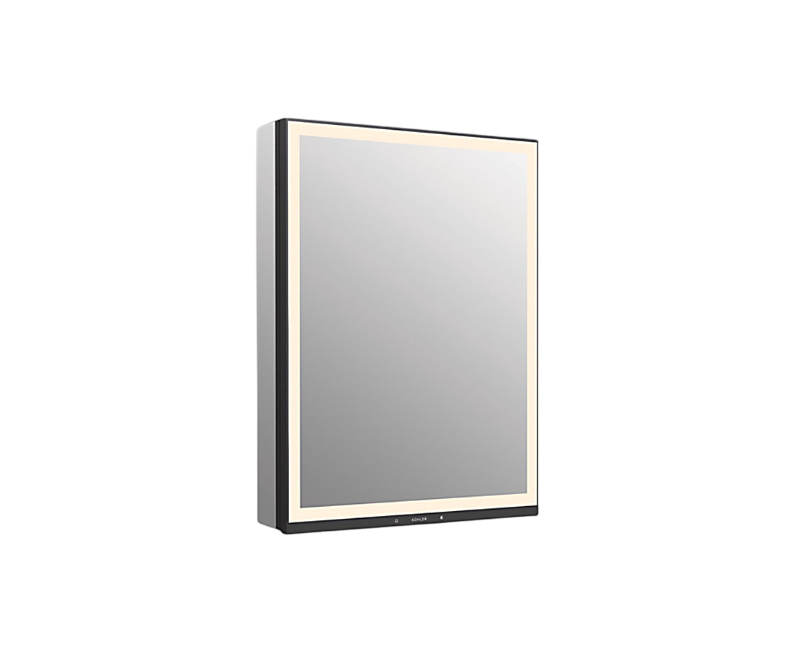 Collage 60cm鏡 | K-33690T-L/R-NA | 專業鏡前照明：科勒專利照明技術，均勻照亮臉部，解決不同環境下鏡前照明不足的困擾 獨立內側照明：鏡門內側照明提供細部梳妝輔助，帶來全方位多距離的照鏡體驗 隱藏一體燈控：結合壓力感應與微孔技術，將燈控整合到鏡框之中，擺脫鏡面按壓指紋 分區美妝收納：設置不同功能的分區收納盒，讓各類日常護理產品都能有效歸置 框架彩色玻璃展示櫃門和內部櫥櫃照明巧妙地展示您的香水和護膚品 兩個可調節的強化玻璃層架提供額外的浴室儲物空間 鏡面內櫃後牆 三向可調慢關鉸鏈，具有 95° 開啟功能，方便打開櫥櫃 方便的可翻出抽屜，用於存放較小的、經常使用的物品 | 台南衛浴 設計師推薦-龍百KOHLER