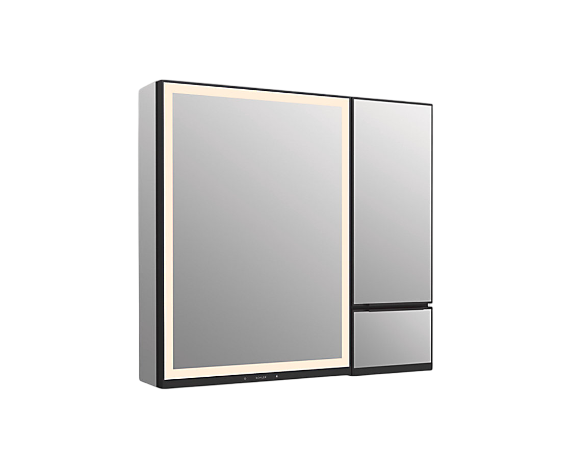 Collage 90cm鏡 | K-33691T-NA | 專業鏡前照明：科勒專利照明技術，均勻照亮臉部，解決不同環境下鏡前照明不足的困擾 獨立內側照明：鏡門內側照明提供細部梳妝輔助，帶來全方位多距離的照鏡體驗 隱藏一體燈控：結合壓力感應與微孔技術，將燈控整合到鏡框之中，擺脫鏡面按壓指紋 分區美妝收納：設置不同功能的分區收納盒，讓各類日常護理產品都能有效歸置 框架彩色玻璃展示櫃門和內部櫥櫃照明巧妙地展示您的香水和護膚品 兩個可調節的強化玻璃層架提供額外的浴室儲物空間 鏡面內櫃後牆 三向可調慢關鉸鏈，具有 95° 開啟功能，方便打開櫥櫃 方便的可翻出抽屜，用於存放較小的、經常使用的物品 | 台南衛浴 設計師推薦-龍百KOHLER