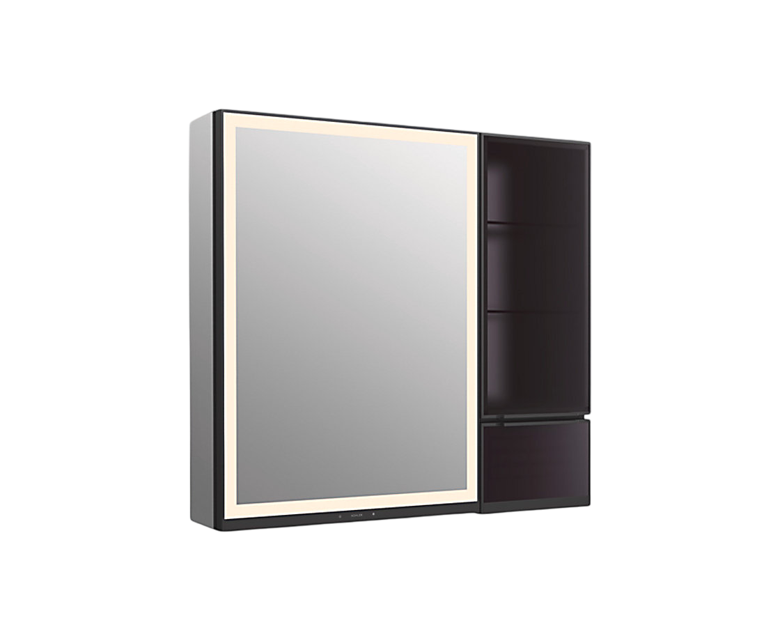 Collage 90cm鏡櫃組-玻璃邊櫃 | K-33692T-NA | 專業鏡前照明：科勒專利照明技術，均勻照亮臉部，解決不同環境下鏡前照明不足的困擾 獨立內側照明：鏡門內側照明提供細部梳妝輔助，帶來全方位多距離的照鏡體驗 隱藏一體燈控：結合壓力感應與微孔技術，將燈控整合到鏡框之中，擺脫鏡面按壓指紋 分區美妝收納：設置不同功能的分區收納盒，讓各類日常護理產品都能有效歸置 框架彩色玻璃展示櫃門和內部櫥櫃照明巧妙地展示您的香水和護膚品 兩個可調節的強化玻璃層架提供額外的浴室儲物空間 鏡面內櫃後牆 三向可調慢關鉸鏈，具有 95° 開啟功能，方便打開櫥櫃 方便的可翻出抽屜，用於存放較小的、經常使用的物品 | 台南衛浴 設計師推薦-龍百KOHLER