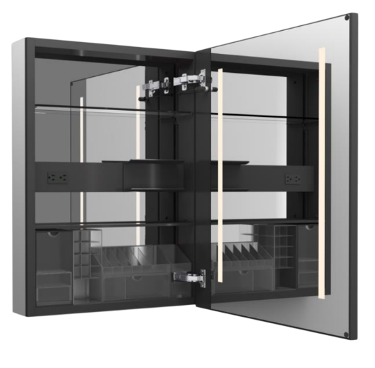 Collage 60cm鏡 | K-33690T-L/R-NA | 專業鏡前照明：科勒專利照明技術，均勻照亮臉部，解決不同環境下鏡前照明不足的困擾 獨立內側照明：鏡門內側照明提供細部梳妝輔助，帶來全方位多距離的照鏡體驗 隱藏一體燈控：結合壓力感應與微孔技術，將燈控整合到鏡框之中，擺脫鏡面按壓指紋 分區美妝收納：設置不同功能的分區收納盒，讓各類日常護理產品都能有效歸置 框架彩色玻璃展示櫃門和內部櫥櫃照明巧妙地展示您的香水和護膚品 兩個可調節的強化玻璃層架提供額外的浴室儲物空間 鏡面內櫃後牆 三向可調慢關鉸鏈，具有 95° 開啟功能，方便打開櫥櫃 方便的可翻出抽屜，用於存放較小的、經常使用的物品 | 台南衛浴 設計師推薦-龍百KOHLER