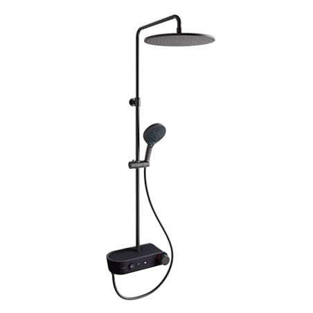 Fluence 三出水恆溫淋浴柱(含頭頂花灑、手持花灑、下出水、按鈕式) | K-38055T-9 | 安裝說明 | 全新按鍵操控設計，美觀實用，適合各式浴室風格 獨特的流線形平台設計，打造遠離塵囂的自在舒暢，匠心「光影」設計美到發光 323*140mm超大置物空間，盥洗用品輕鬆置放 雙WaterMind(頭頂+手持)，出水強勁如一，澎湃盡興 業界首創的專利花灑出水技術 - WaterMind仿生駕馭水：自動感應水壓強度，並相應自動調節出水孔徑，在不同水壓下都能滿足強勁，均勻的出水效果，淋浴舒適暢快 關停水流後，出水孔自動閉合，關水即停，有效減少滴漏，徹底告別頭頂花灑滴漏困擾 出水孔自動“開合”，每次出水時水垢被自然沖洗掉，有效防止水垢堵塞出水孔，無須繁瑣手動清理 流線形平台設計，不易積水垢，清潔省時省心｜台南衛浴 設計師推薦-龍百KOHLER