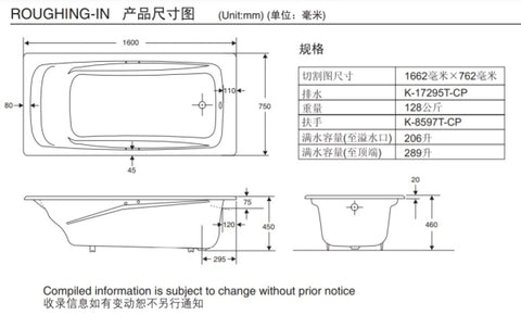 【龍業百起】KOHLER-Repos 160cm崁入式鑄鐵浴缸 K-18200T-GR-0